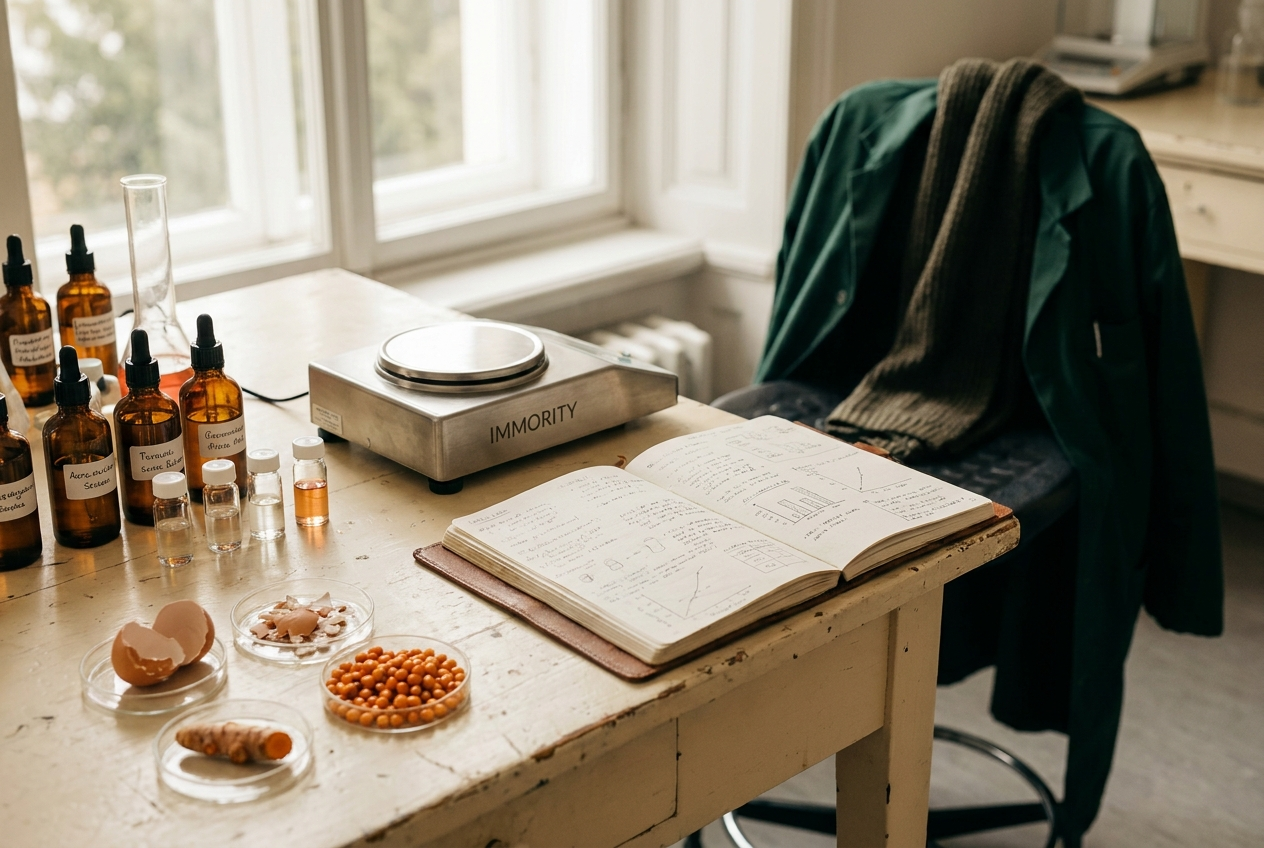 A research bench with ingredient samples, vials and a precision balance